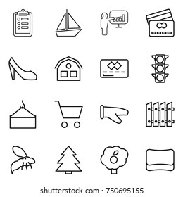 thin line icon set : clipboard, boat, presentation, credit card, shoes, house, traffic light, loading crane, cart, cook glove, fence, wasp, spruce, garden, sponge