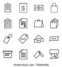 thin line icon set : clipboard, receipt, money, shopping bag, account balance, label, sale, atm, document, hand dryer