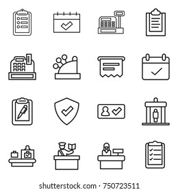 thin line icon set : clipboard, calendar, cashbox, atm receipt, terms, pen, protected, check in, detector, baggage checking, inspector, reception, list