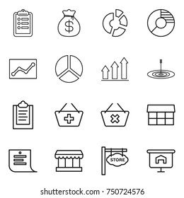 thin line icon set : clipboard, money bag, circle diagram, statistics, graph up, target, add to basket, delete cart, market, shopping list, store signboard, presentation