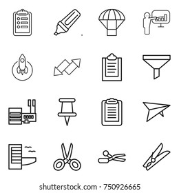 thin line icon set : clipboard, marker, parachute, presentation, rocket, up down arrow, funnel, mall, pin, deltaplane, hotel, scissors, clothespin