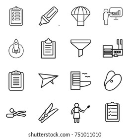 thin line icon set : clipboard, marker, parachute, presentation, rocket, funnel, mall, deltaplane, hotel, beans, scissors, clothespin, woman with duster, list