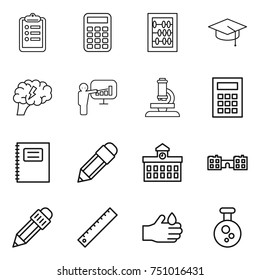 thin line icon set : clipboard, calculator, abacus, graduate hat, brain, presentation, microscope, copybook, pencil, university, school, ruler, acid, chemical