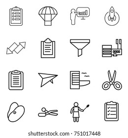 thin line icon set : clipboard, parachute, presentation, rocket, up down arrow, funnel, mall, deltaplane, hotel, scissors, beans, woman with duster, list