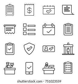 thin line icon set : clipboard, receipt, calendar, shopping list, atm, terms, check, protected, in, detector, inspector, mobile checking, reception