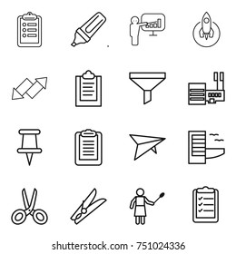 thin line icon set : clipboard, marker, presentation, rocket, up down arrow, funnel, mall, pin, deltaplane, hotel, scissors, clothespin, woman with duster, list