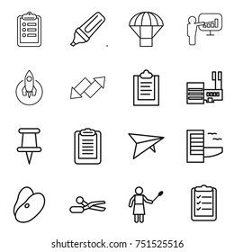 thin line icon set : clipboard, marker, parachute, presentation, rocket, up down arrow, mall, pin, deltaplane, hotel, beans, scissors, woman with duster, list