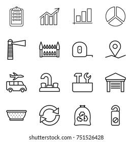 thin line icon set : clipboard, diagram, graph, lighthouse, gothic architecture, measuring tape, geo pin, transfer, water tap, repair tools, garage, colander, reload, garbage bag, do not distrub
