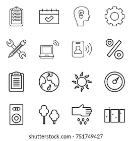 thin line icon set : clipboard, calendar, bulb head, gear, pencil wrench, notebook wireless, pass card, percent, earth, sun, barometer, speaker, trees, sow, clean window