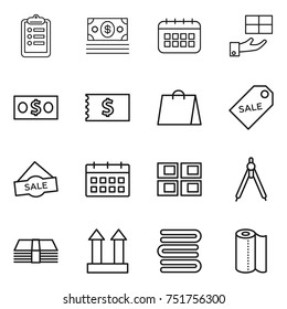 thin line icon set : clipboard, money, calendar, gift, receipt, shopping bag, sale label, panel house, drawing compasses, cargo top sign, towels, paper towel