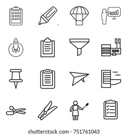 thin line icon set : clipboard, marker, parachute, presentation, rocket, funnel, mall, pin, deltaplane, hotel, scissors, clothespin, woman with duster, list