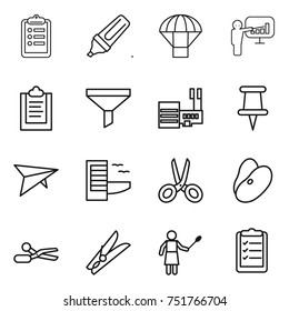 thin line icon set : clipboard, marker, parachute, presentation, funnel, mall, pin, deltaplane, hotel, scissors, beans, clothespin, woman with duster, list