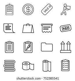 thin line icon set : clipboard, dollar, sale, courier, shopping list, bag, atm receipt, ticket, pen, documents, cargo top sign, towels, toilet paper, towel