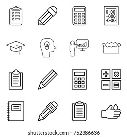 thin line icon set : clipboard, pencil, calculator, abacus, graduate hat, bulb head, presentation, electrostatic, copybook, acid