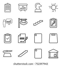 thin line icon set : clipboard, presentation, chess horse, chip, store signboard, stairs, pen, check, inventory, cutting board, utility room
