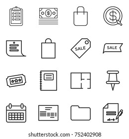 thin line icon set : clipboard, money, shopping bag, dollar arrow, list, sale label, ticket, copybook, plan, pin, calendar, invoice, documents, inventory