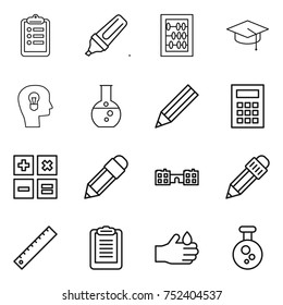 thin line icon set : clipboard, marker, abacus, graduate hat, bulb head, round flask, pencil, calculator, school, ruler, acid, chemical