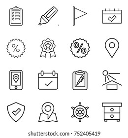 thin line icon set : clipboard, marker, flag, calendar, percent, medal, geo pin, mobile location, terms, pen, sun potection, protected, map, handwheel, nightstand