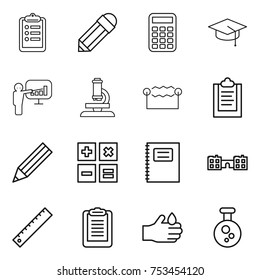thin line icon set : clipboard, pencil, calculator, graduate hat, presentation, microscope, electrostatic, copybook, school, ruler, acid, chemical