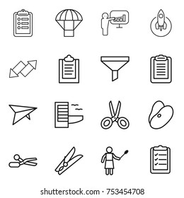 thin line icon set : clipboard, parachute, presentation, rocket, up down arrow, funnel, deltaplane, hotel, scissors, beans, clothespin, woman with duster, list