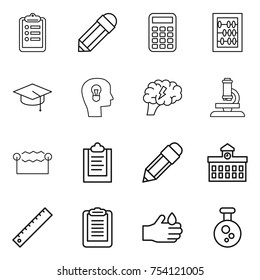 thin line icon set : clipboard, pencil, calculator, abacus, graduate hat, bulb head, brain, microscope, electrostatic, university, ruler, acid, chemical