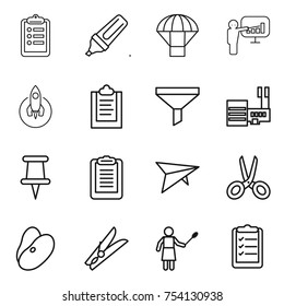 thin line icon set : clipboard, marker, parachute, presentation, rocket, funnel, mall, pin, deltaplane, scissors, beans, clothespin, woman with duster, list