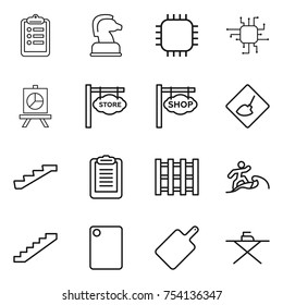 thin line icon set : clipboard, chess horse, chip, presentation, store signboard, shop, under construction, stairs, pallet, surfer, cutting board, iron