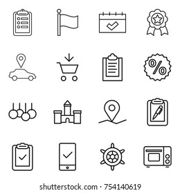 thin line icon set : clipboard, flag, calendar, medal, car pointer, add to cart, percent, sale, castle, geo pin, pen, check, mobile checking, handwheel, grill oven