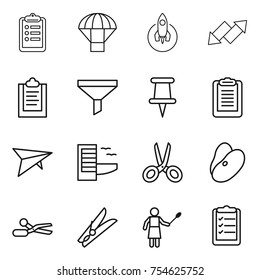 thin line icon set : clipboard, parachute, rocket, up down arrow, funnel, pin, deltaplane, hotel, scissors, beans, clothespin, woman with duster, list