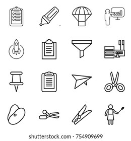 thin line icon set : clipboard, marker, parachute, presentation, rocket, funnel, mall, pin, deltaplane, scissors, beans, clothespin, woman with duster