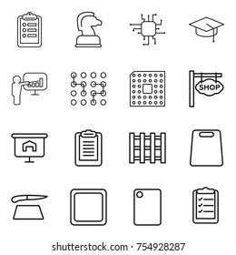 thin line icon set : clipboard, chess horse, chip, graduate hat, presentation, cpu, shop signboard, pallet, cutting board, list