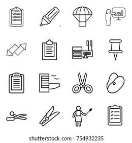 thin line icon set : clipboard, marker, parachute, presentation, up down arrow, mall, pin, hotel, scissors, beans, clothespin, woman with duster, list