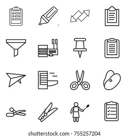 thin line icon set : clipboard, marker, up down arrow, funnel, mall, pin, deltaplane, hotel, scissors, beans, clothespin, woman with duster, list
