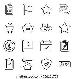 Thin line icon set : clipboard, flag, star, discussion, add to cart, remove from basket, sale, info, important, terms, pen, check, sun potection, protected, in