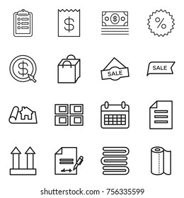 Thin line icon set : clipboard, receipt, money, percent, dollar arrow, shopping bag, sale, project, panel house, calendar, document, cargo top sign, inventory, towels, paper towel
