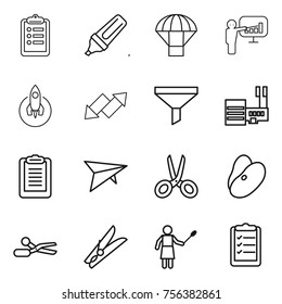 Thin line icon set : clipboard, marker, parachute, presentation, rocket, up down arrow, funnel, mall, deltaplane, scissors, beans, clothespin, woman with duster, list