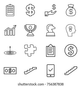 Thin line icon set : clipboard, dollar, investment, money bag, diagram, trophy, chess horse, bulb head, target, puzzle, coin, stairs, mobile checking