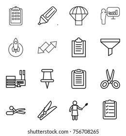 thin line icon set : clipboard, marker, parachute, presentation, rocket, up down arrow, funnel, mall, pin, scissors, clothespin, woman with duster, list