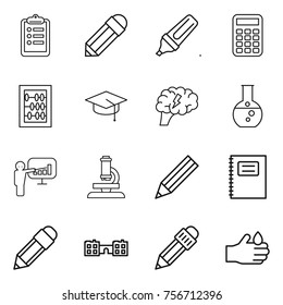 thin line icon set : clipboard, pencil, marker, calculator, abacus, graduate hat, brain, round flask, presentation, microscope, copybook, school, acid