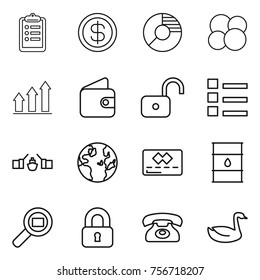 Thin line icon set : clipboard, dollar, circle diagram, atom core, graph up, wallet, unlock, list, drawbridge, globe, credit card, barrel, cargo search, locked, phone, goose