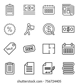 thin line icon set : clipboard, money, calendar, newspaper, percent, courier, dollar arrow, sale label, ticket, plan, document, inventory, towels