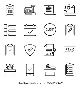 Thin line icon set : clipboard, cashbox, shopping list, terms, customs, pen, check, protected, inventory, in, inspector, mobile checking, reception