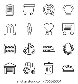 Thin line icon set : clipboard, delivery, dollar arrow, hex molecule, fingerprint, smart watch, cardio chip, gothic architecture, anchor, train, hawaiian wreath, garage, tractor, trash bin, iron