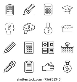 Thin line icon set : clipboard, marker, calculator, graduate hat, bulb head, brain, round flask, electrostatic, pencil, university, acid, chemical