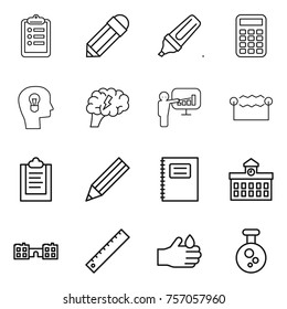 Thin line icon set : clipboard, pencil, marker, calculator, bulb head, brain, presentation, electrostatic, copybook, university, school, ruler, acid, chemical