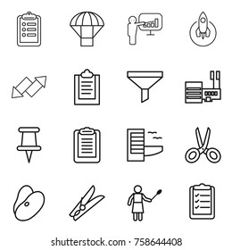 Thin line icon set : clipboard, parachute, presentation, rocket, up down arrow, funnel, mall, pin, hotel, scissors, beans, clothespin, woman with duster, list