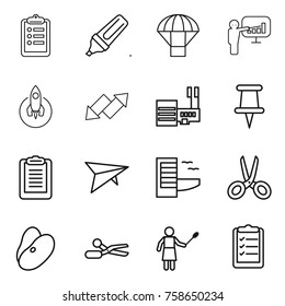 Thin line icon set : clipboard, marker, parachute, presentation, rocket, up down arrow, mall, pin, deltaplane, hotel, scissors, beans, woman with duster, list