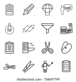 Thin line icon set : clipboard, marker, parachute, presentation, rocket, up down arrow, funnel, mall, hotel, scissors, beans, clothespin, woman with duster, list