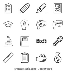 Thin line icon set : clipboard, pencil, marker, abacus, graduate hat, bulb head, brain, presentation, microscope, copybook, school, ruler, acid, chemical