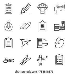 Thin line icon set : clipboard, marker, parachute, presentation, rocket, up down arrow, mall, deltaplane, hotel, beans, scissors, clothespin, woman with duster, list